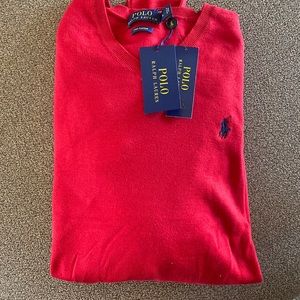 Red Mens Large Polo sweater. 100% cotton. Never worn. New with tags